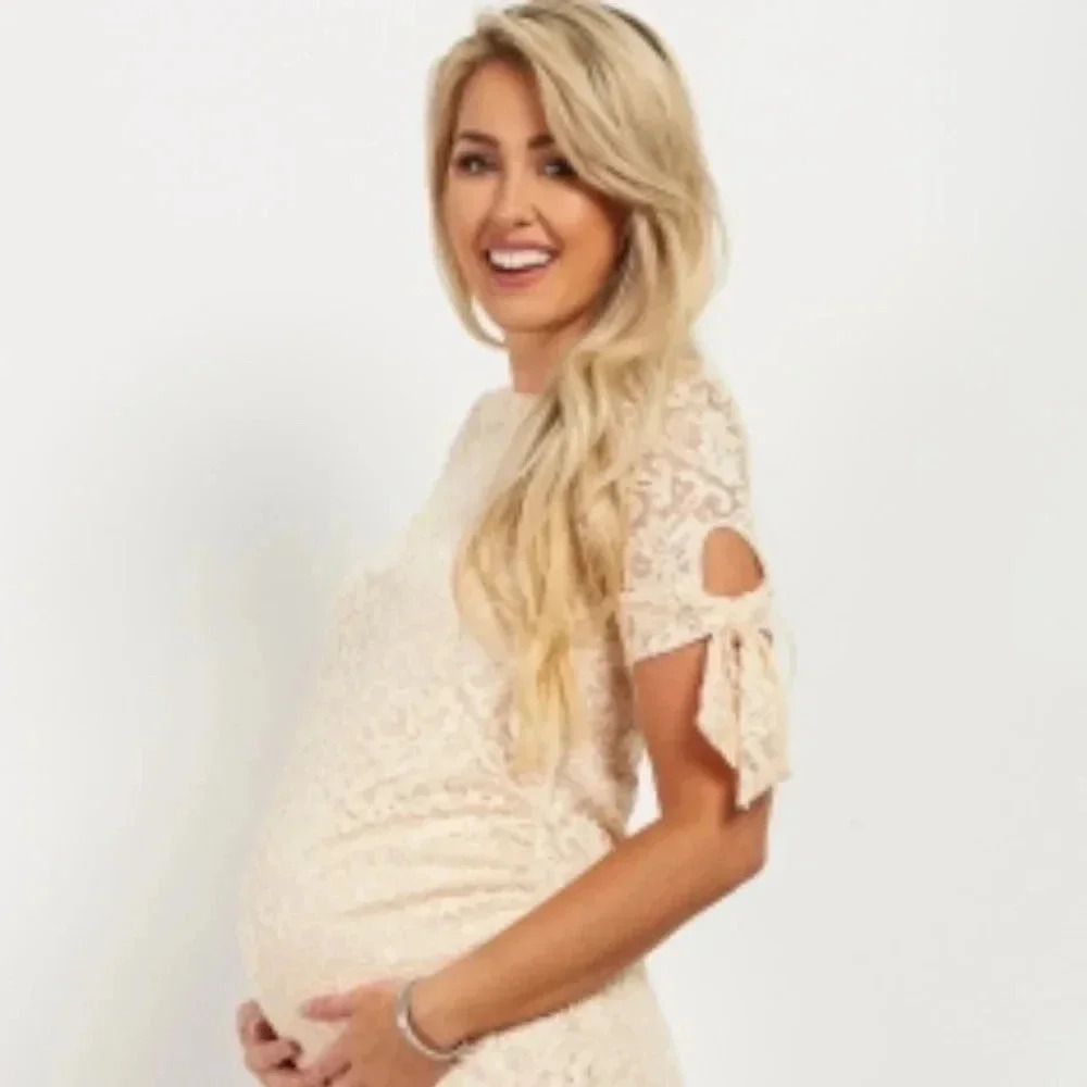 NEW*PinkBlush Beige Lace Overlay Sleeve Tie‎ Dress - Picture 2 of 7
